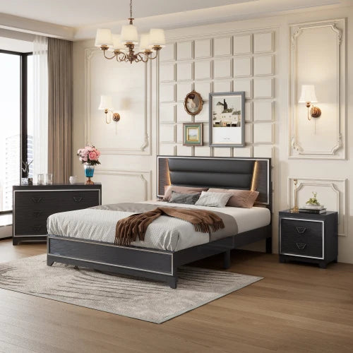 3 PCS Queen Bedroom Sets, Upholstered Bed, Nightstands & Dresser