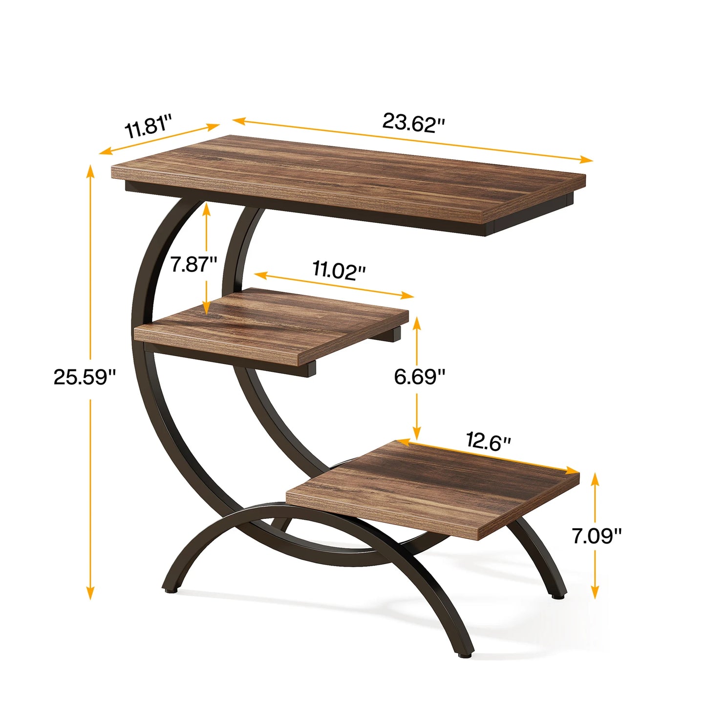 3-Tier, C-Shaped End Table with Storage Shelves