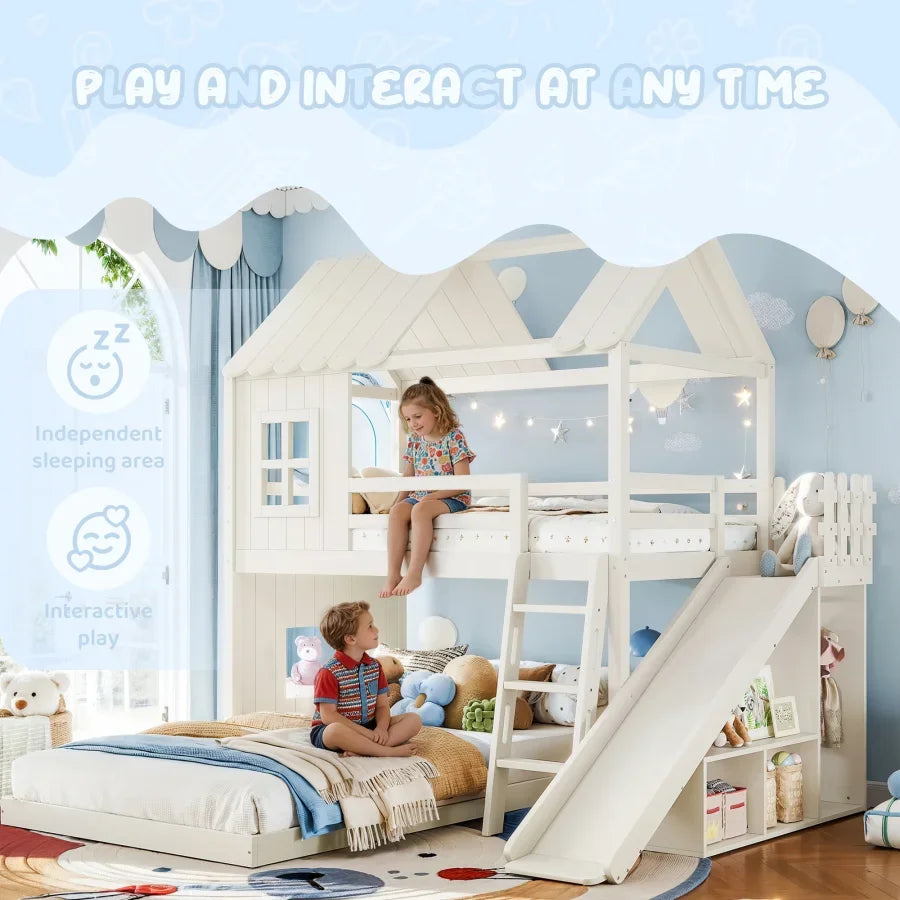 Twin over Full House Bunk Bed with Ladders and Slide