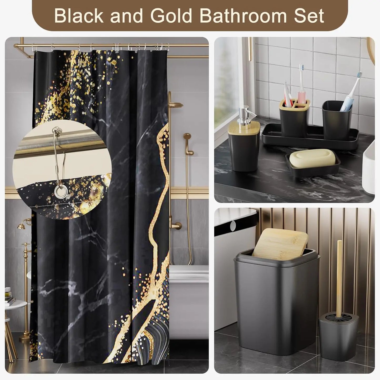 Black and Gold Shower Curtain Set with Rugs and Accessories