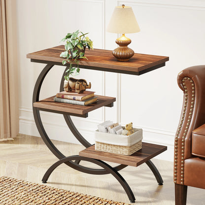 3-Tier, C-Shaped End Table with Storage Shelves