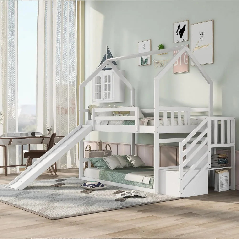 Twin Over Twin Bunk Bed with Slide & Storage Staircase