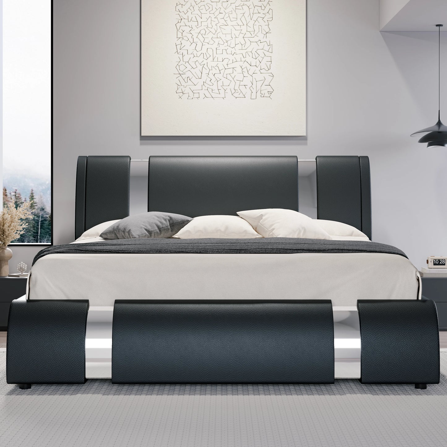 Faux Leather Bed Frame with Iron Pieces Decor & Low Platform