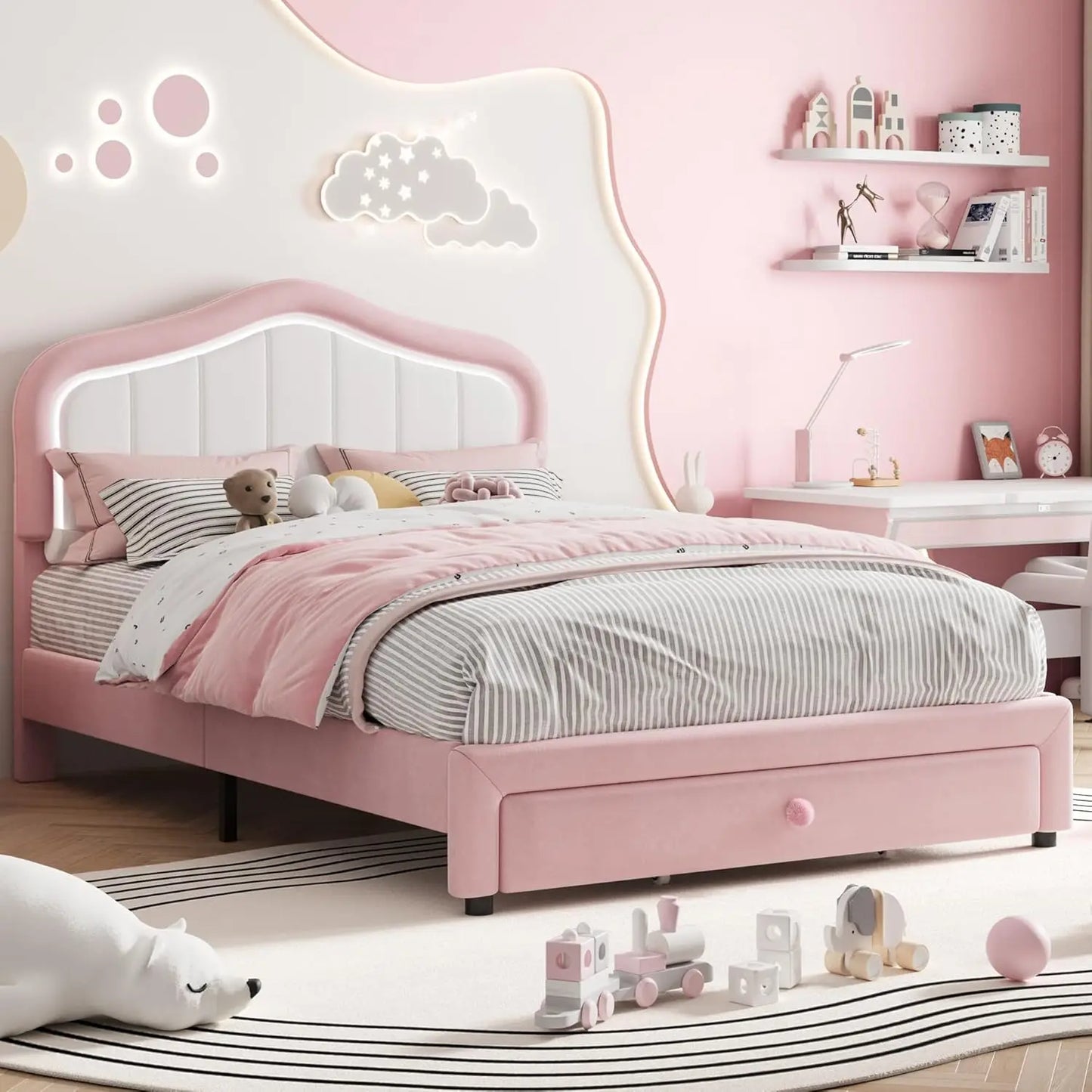 Kids Modern Princess Style Upholstered Bed Frame with LED Crown Headboard