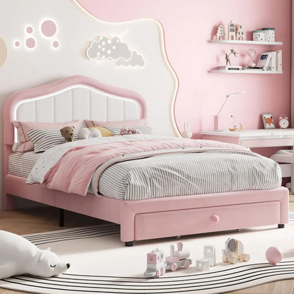 Kids Modern Princess Style Upholstered Bed Frame with LED Crown Headboard