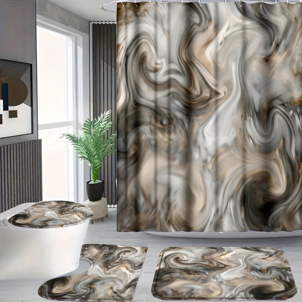 4 Pcs/Set Brown Marble Swirl Shower Curtain Bathroom Set