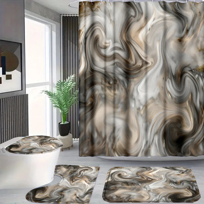 4 Pcs/Set Brown Marble Swirl Shower Curtain Bathroom Set