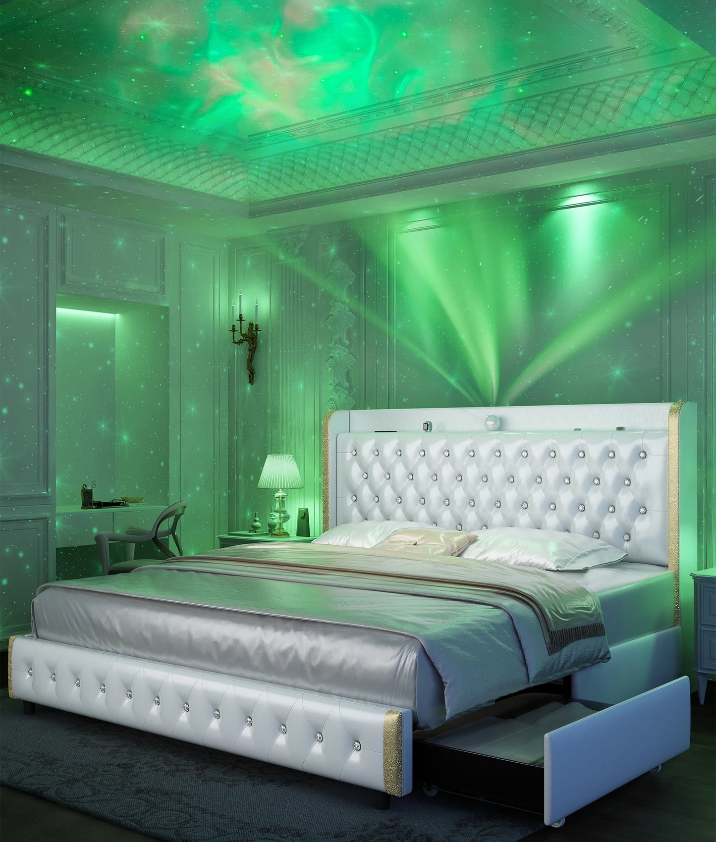 LED Bed Frame with Galaxy Projector, USB Ports & 4 Drawers