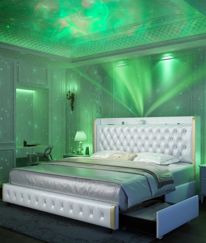 LED Bed Frame with Galaxy Projector, USB Ports & 4 Drawers