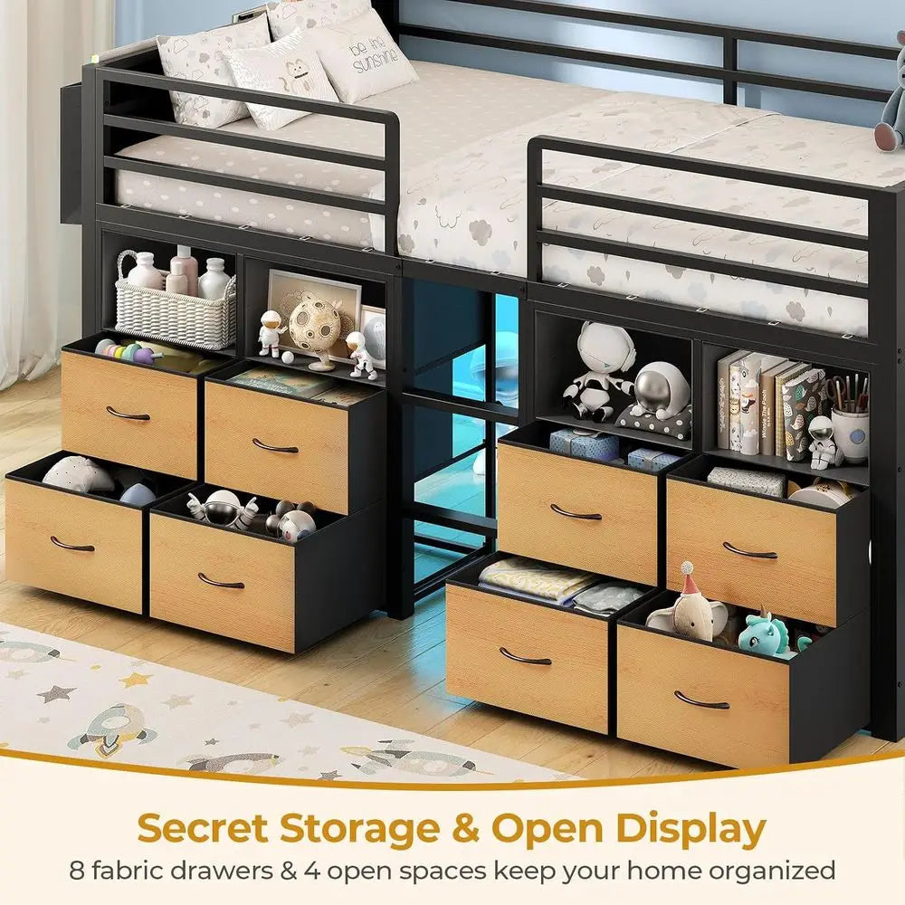 Low Loft Bed, Twin Size with Storage Drawers, Bookcase & LED Lights