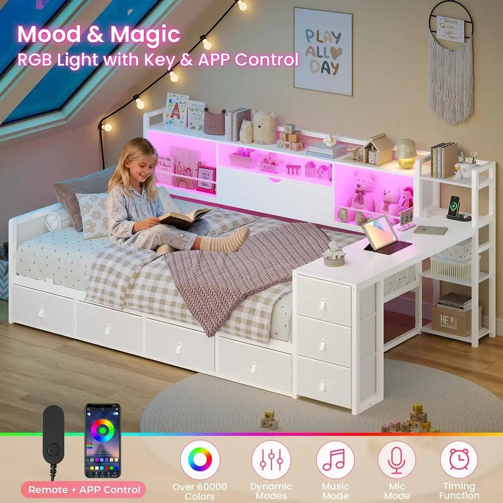 Twin Bed with Desk, Charging Station, Drawers & Bookcase