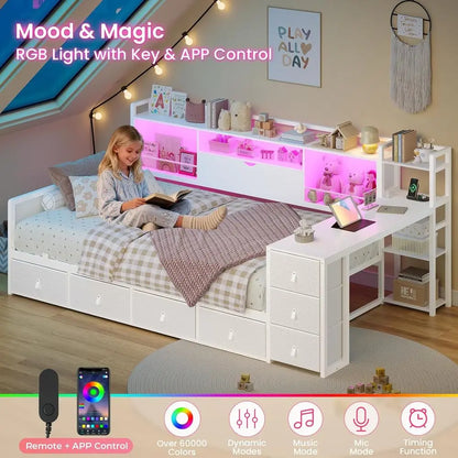 Twin Bed with Desk, Charging Station, Drawers & Bookcase