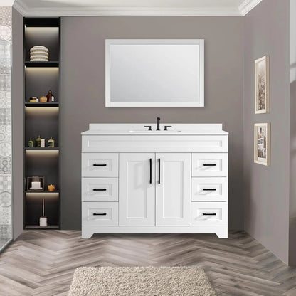 48" White Stone Top Vanity Cabinet with Soft Close Doors 6 Drawers