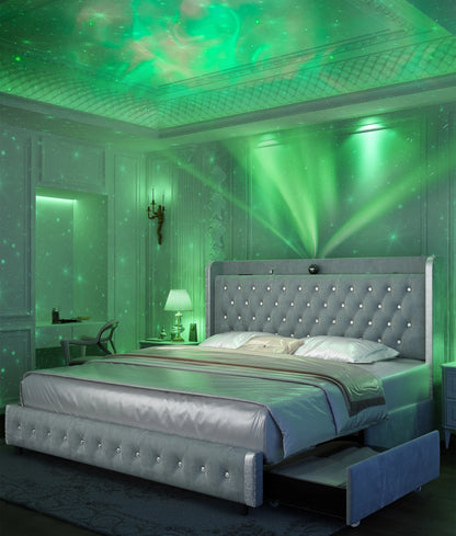 LED Bed Frame with Galaxy Projector, USB Ports & 4 Drawers