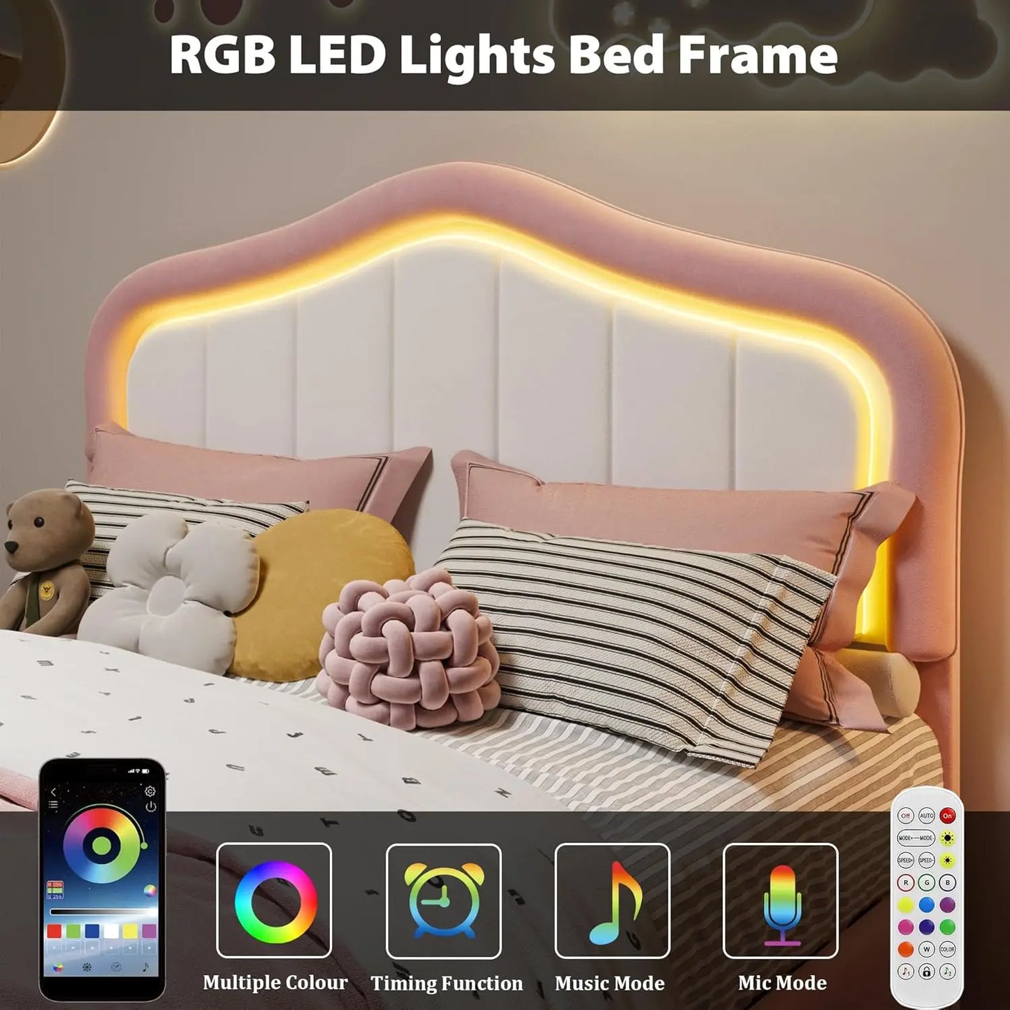 Kids Modern Princess Style Upholstered Bed Frame with LED Crown Headboard