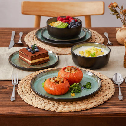 12/16 Piece Matte Black Stoneware Plats Set