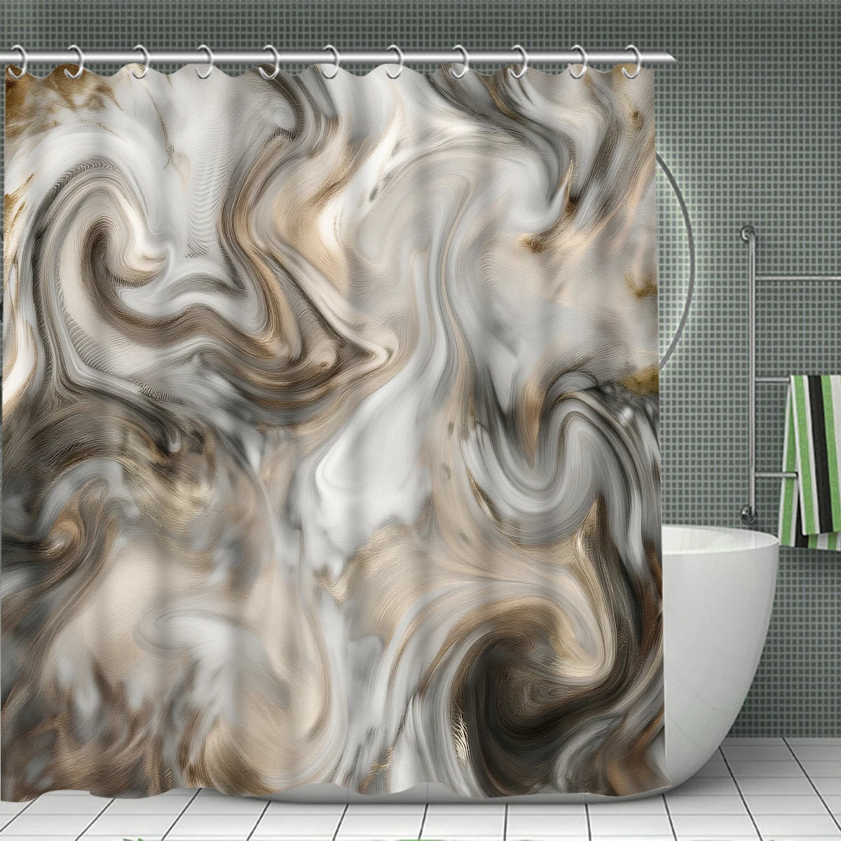 4 Pcs/Set Brown Marble Swirl Shower Curtain Bathroom Set