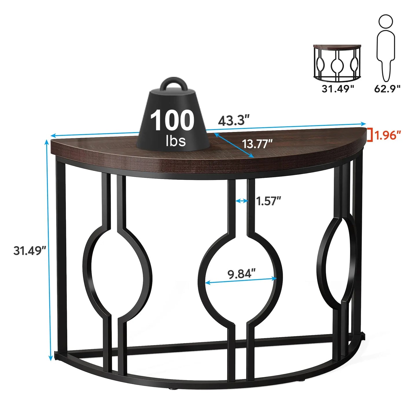 Half Moon Console Table with Geometric Base for Entryway