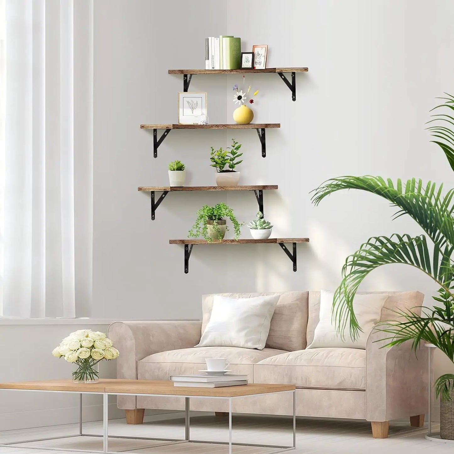 Decorative Corner Floating Storage Shelves, Rustic Wood