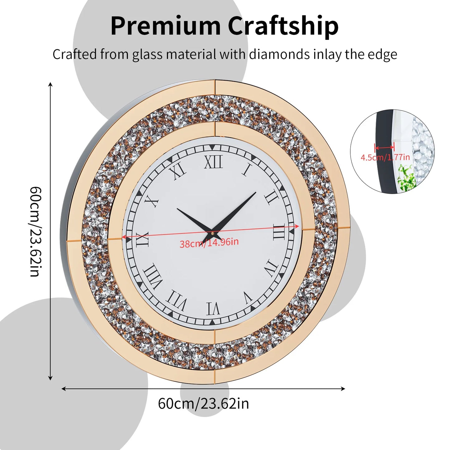 Silver, Tawny Tinted Mirrored Wall Clock with Sparkle Crush Diamond