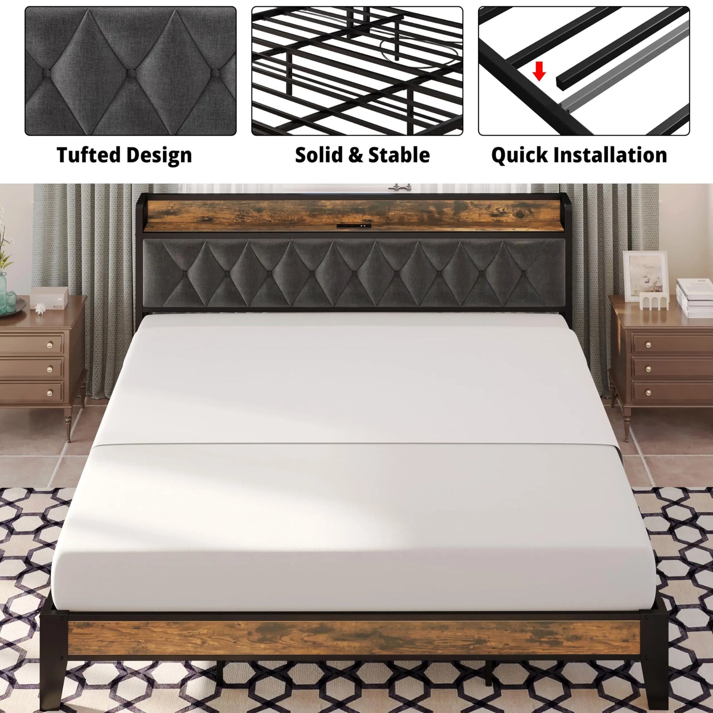 Multi Size Bed Frames with Storage Headboard