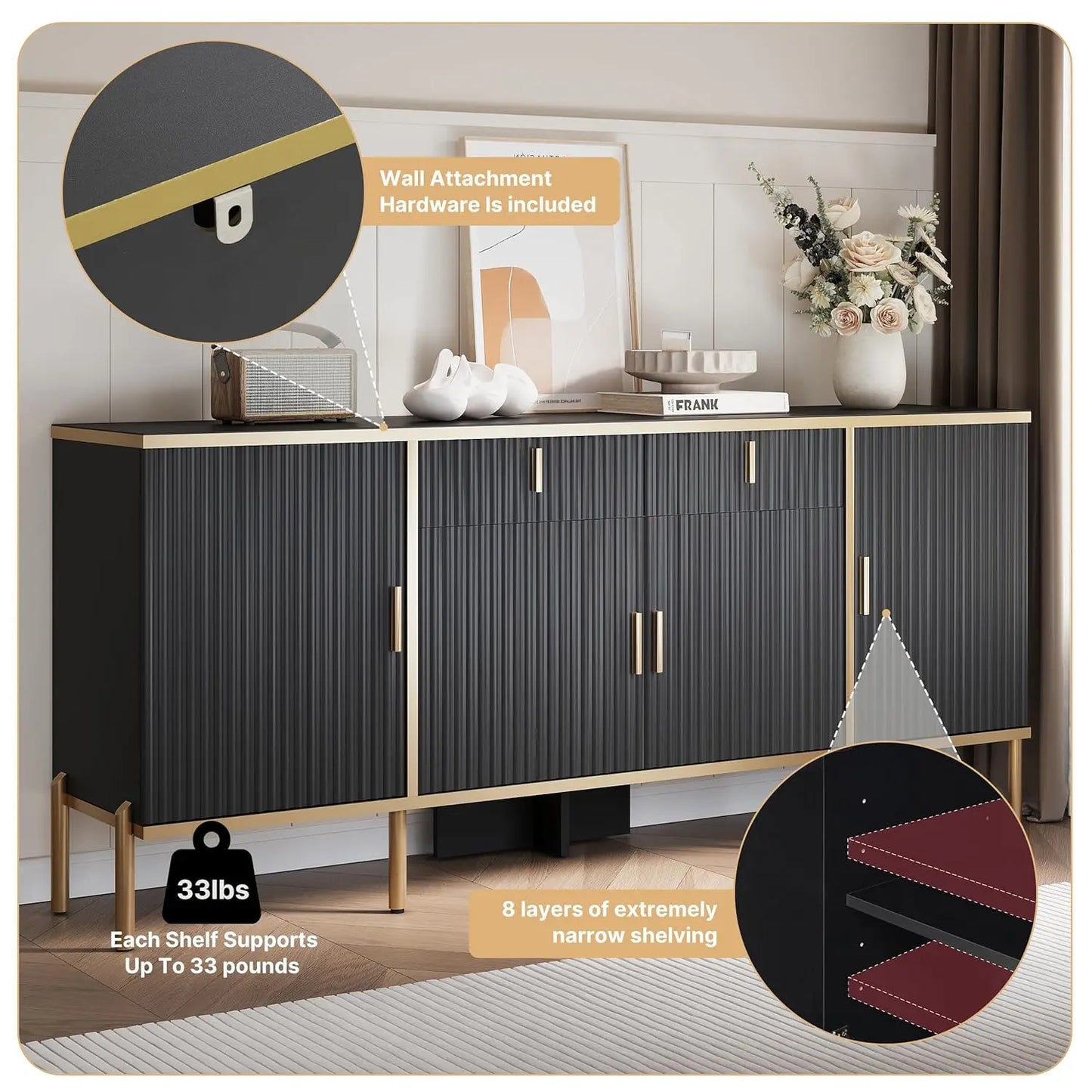 Fluted Storage Sideboard with Adjustable Shelves & Pop-Up Doors