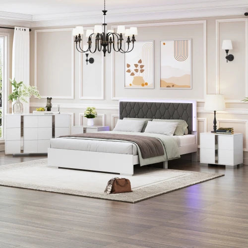 4 Pc Queen Bedroom Set w/ Upholstered Bed, Dresser & 2 Nightstands