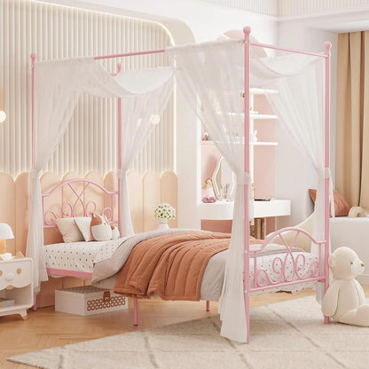 Pink Princess Canopy Bed Frame with 4 Posters, Twin Size