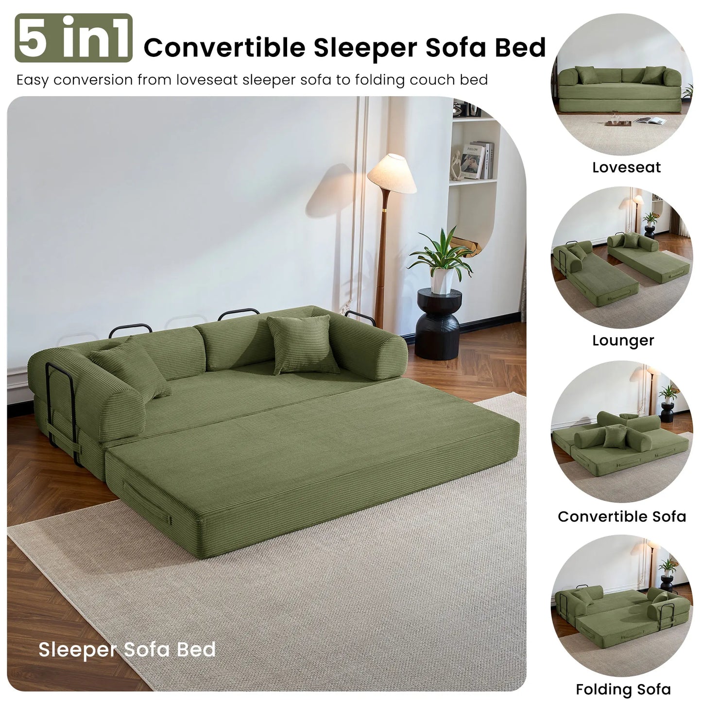 79’’ Corduroy Upholstered Folding Convertible Sofa Bed