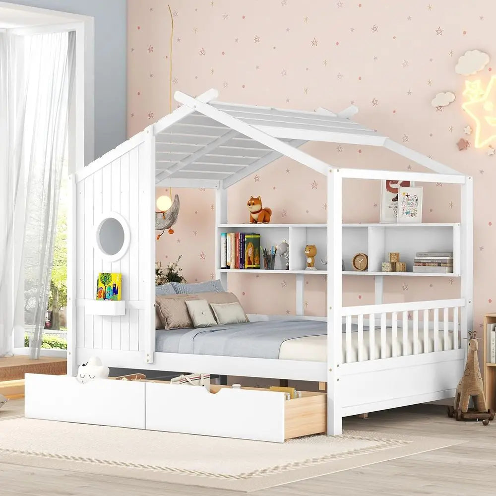 White Wooden Kids House Bed with Storage Drawers and Shelves