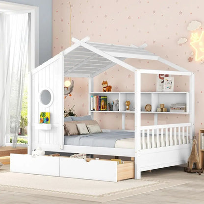 White Wooden Kids House Bed with Storage Drawers and Shelves