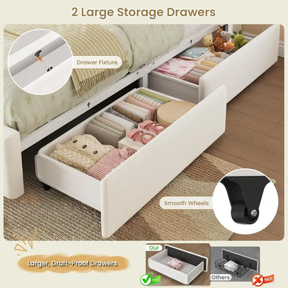 Kids Bed with Bookcase Headboard, Storage Drawers & LED Lights