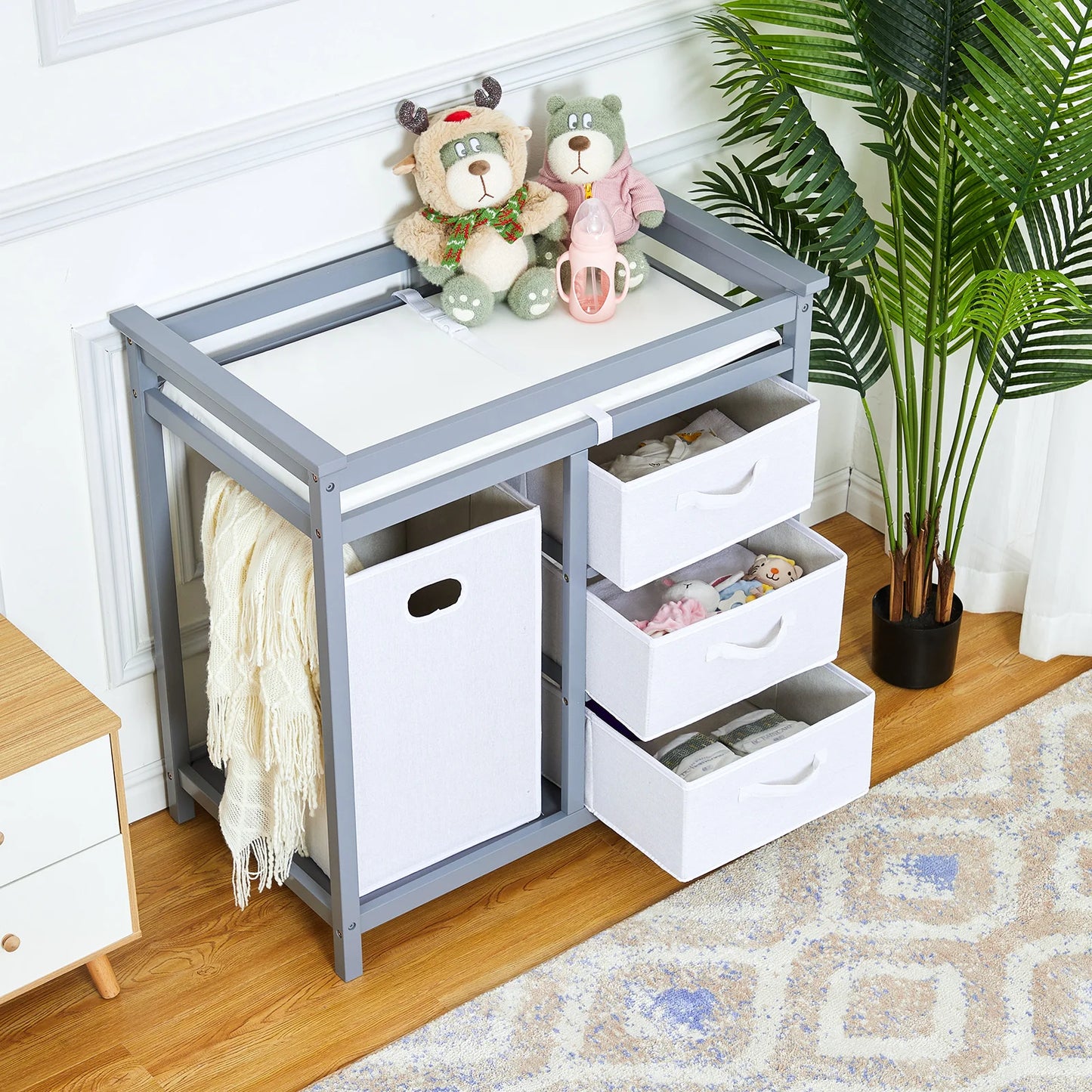 Wooden Diaper Changing Station Dresser with Laundry Hamper