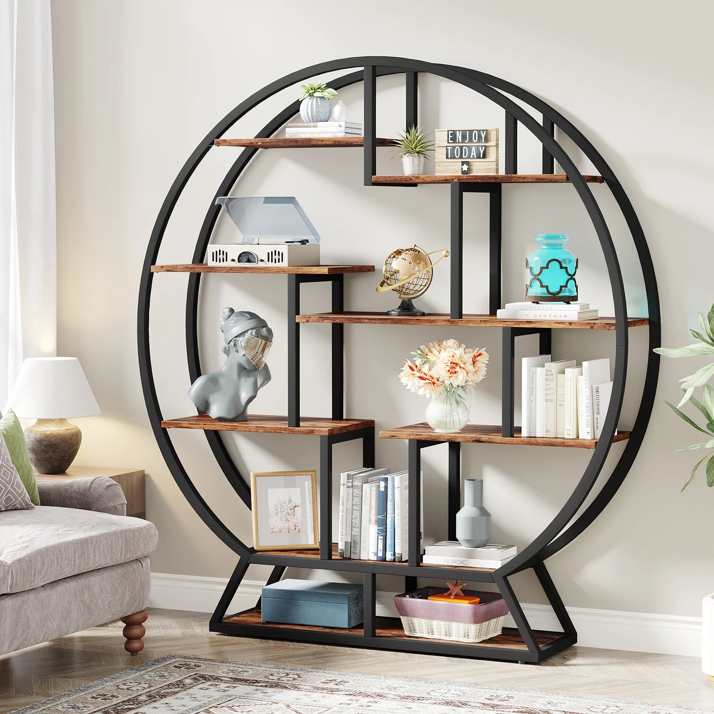 63-Inch Round Wood Bookshelf with Staggered Shelves