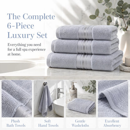 6 Piece Luxury Turkish Bathroom Towel set, 100% Cotton