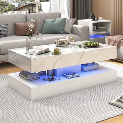 Double-Layer Coffee Table with LED lights & 2 Storage Drawers