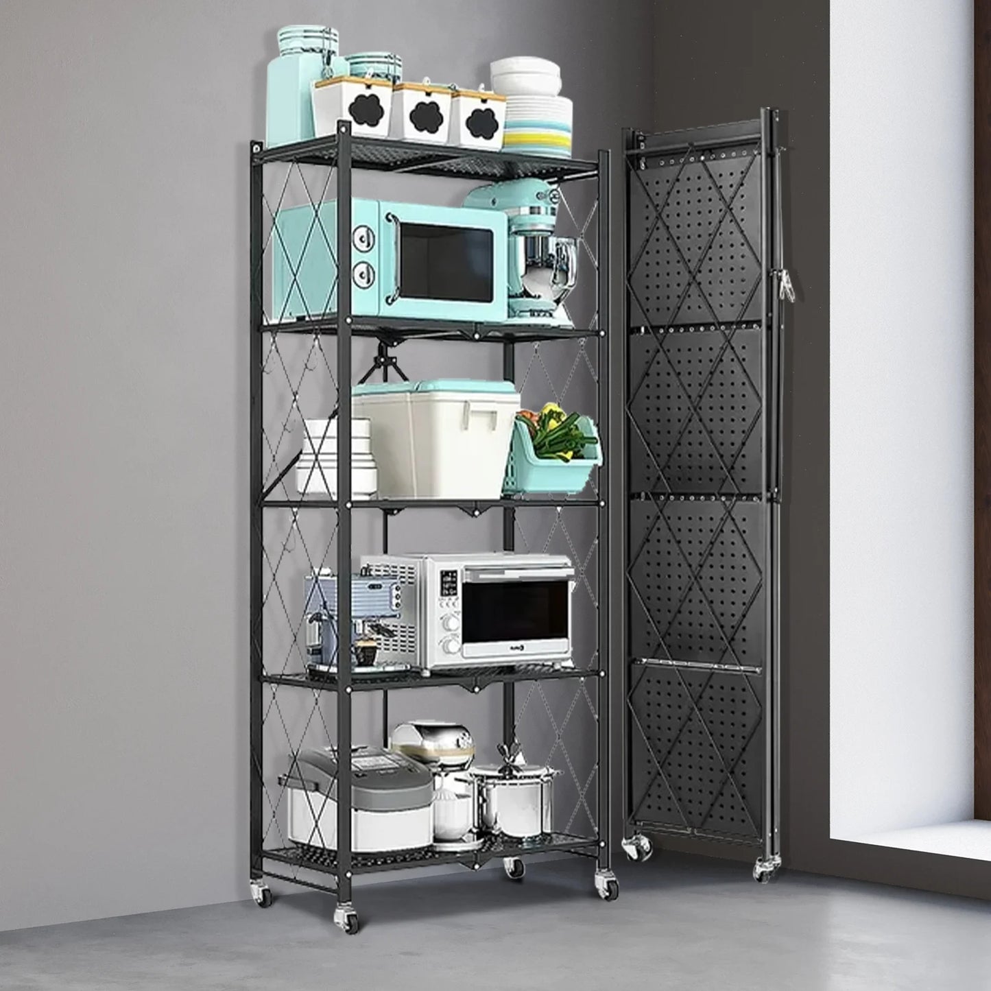 Foldable 5 -Tier Metal Storage Shelving Unit with Wheels