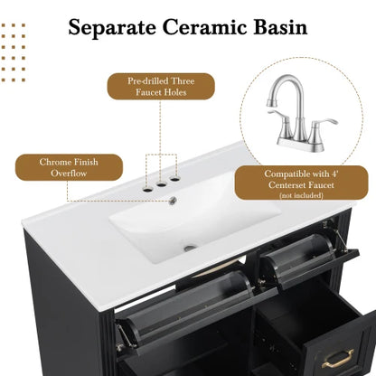 36 Inch Bathroom Vanity with Ceramic Sink & 4 Drawers