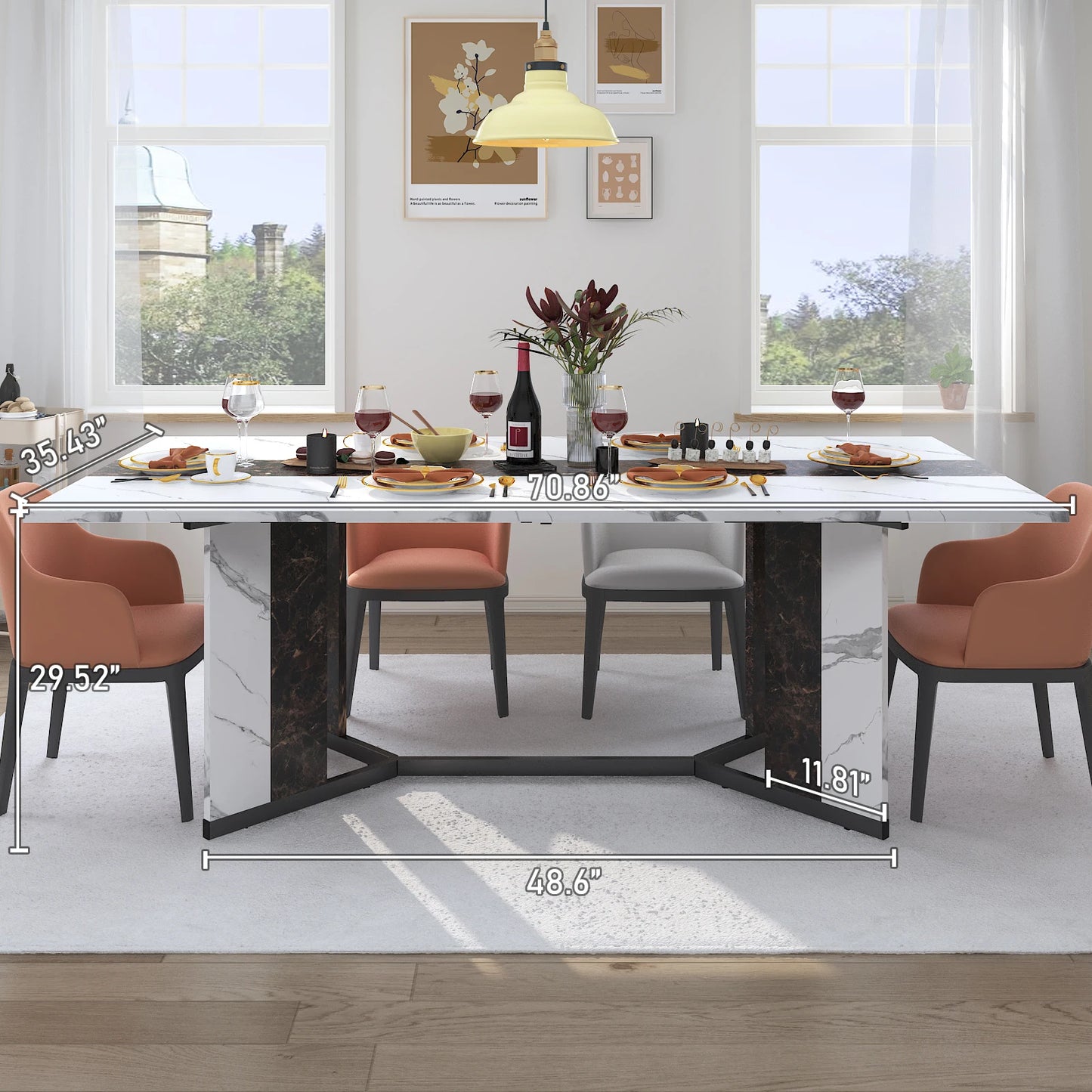 71" Large Rectangular Family Dinner Table with Marble Color, Wood Tabletop & Metal Leg