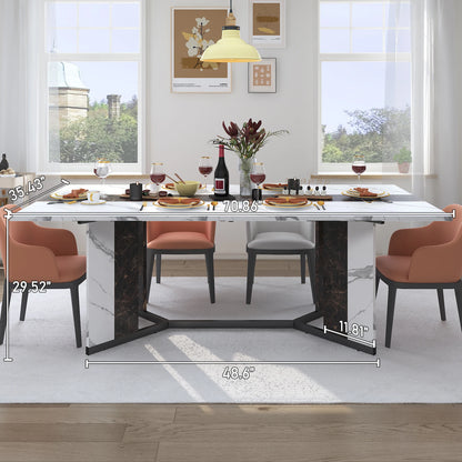 71" Large Rectangular Family Dinner Table with Marble Color, Wood Tabletop & Metal Leg