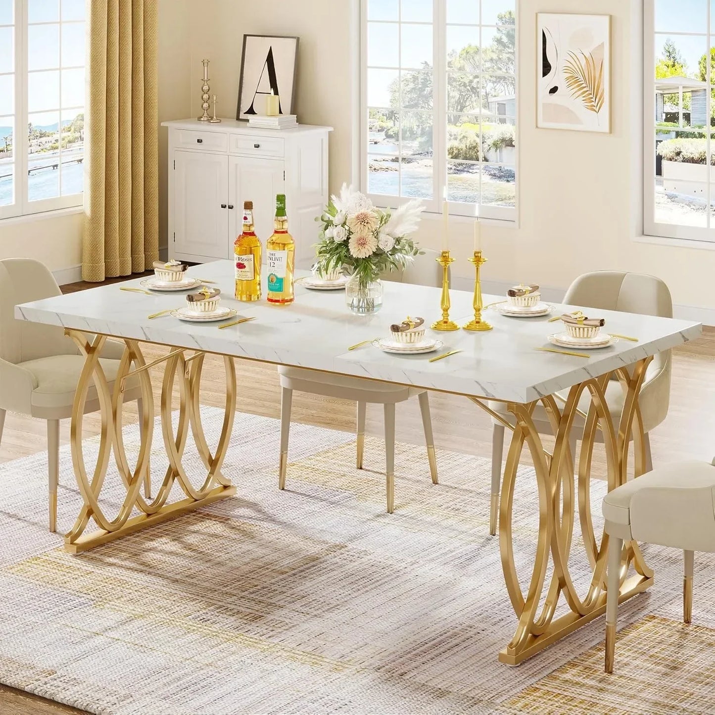 Faux Marble Modern Dining Table with Golden Geometric Legs