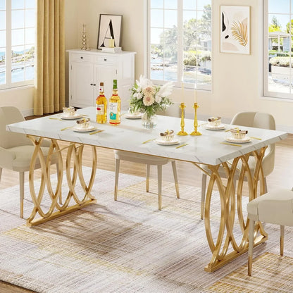 Faux Marble Modern Dining Table with Golden Geometric Legs
