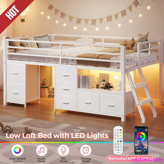 Low Loft Twin Bed with 7 Storage Drawers, Bookcase, LED Lights, and 14" H Safety Guardrail