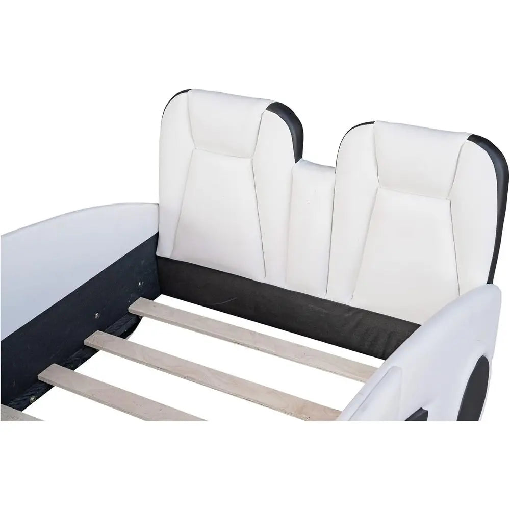 Leather Upholstered Twin Size Race Car Platform Bed with Wheels