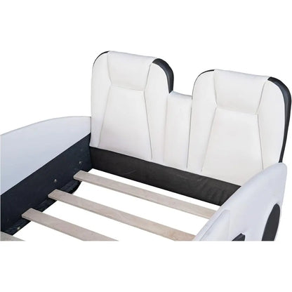 Leather Upholstered Twin Size Race Car Platform Bed with Wheels