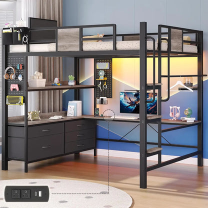 Full Size Loft Bed with Desk, Drawers, Shelves & Charging Station