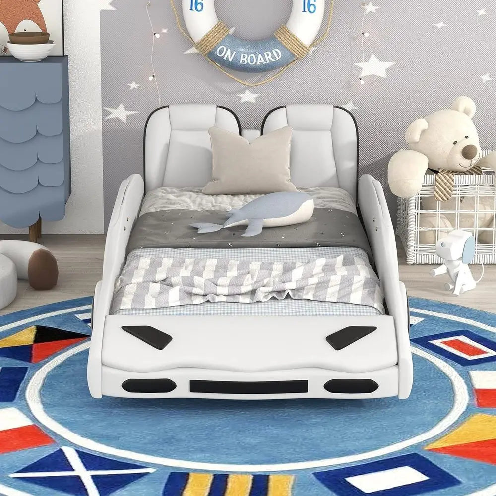 Leather Upholstered Twin Size Race Car Platform Bed with Wheels