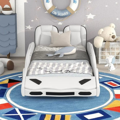 Leather Upholstered Twin Size Race Car Platform Bed with Wheels