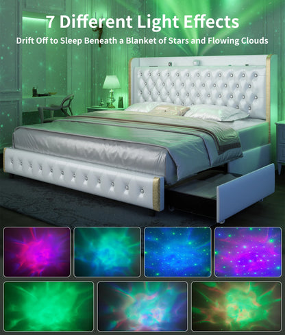 LED Bed Frame with Galaxy Projector, USB Ports & 4 Drawers