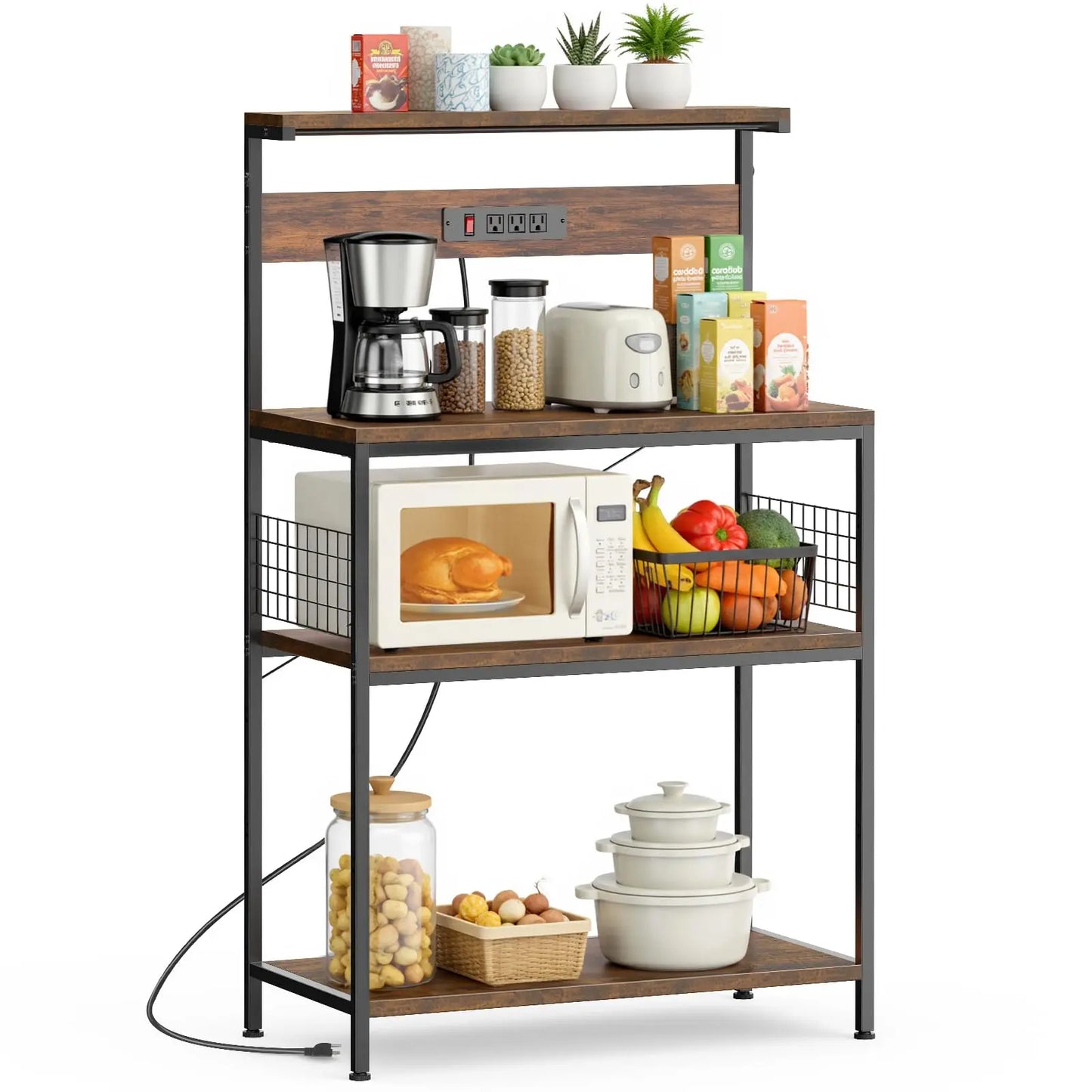 Kitchen Bakers Rack with Power Outlet & Adjustable Storage Shelf